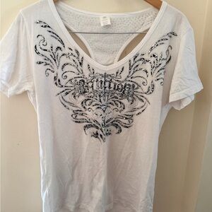Affliction White Tee with Black and Silver Graphic